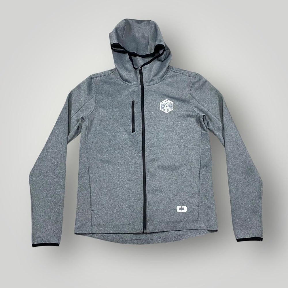 OGIO Endurance Jacket Mens Small‎ Gray Hooded Full Zip Blue PAC Logo OE728